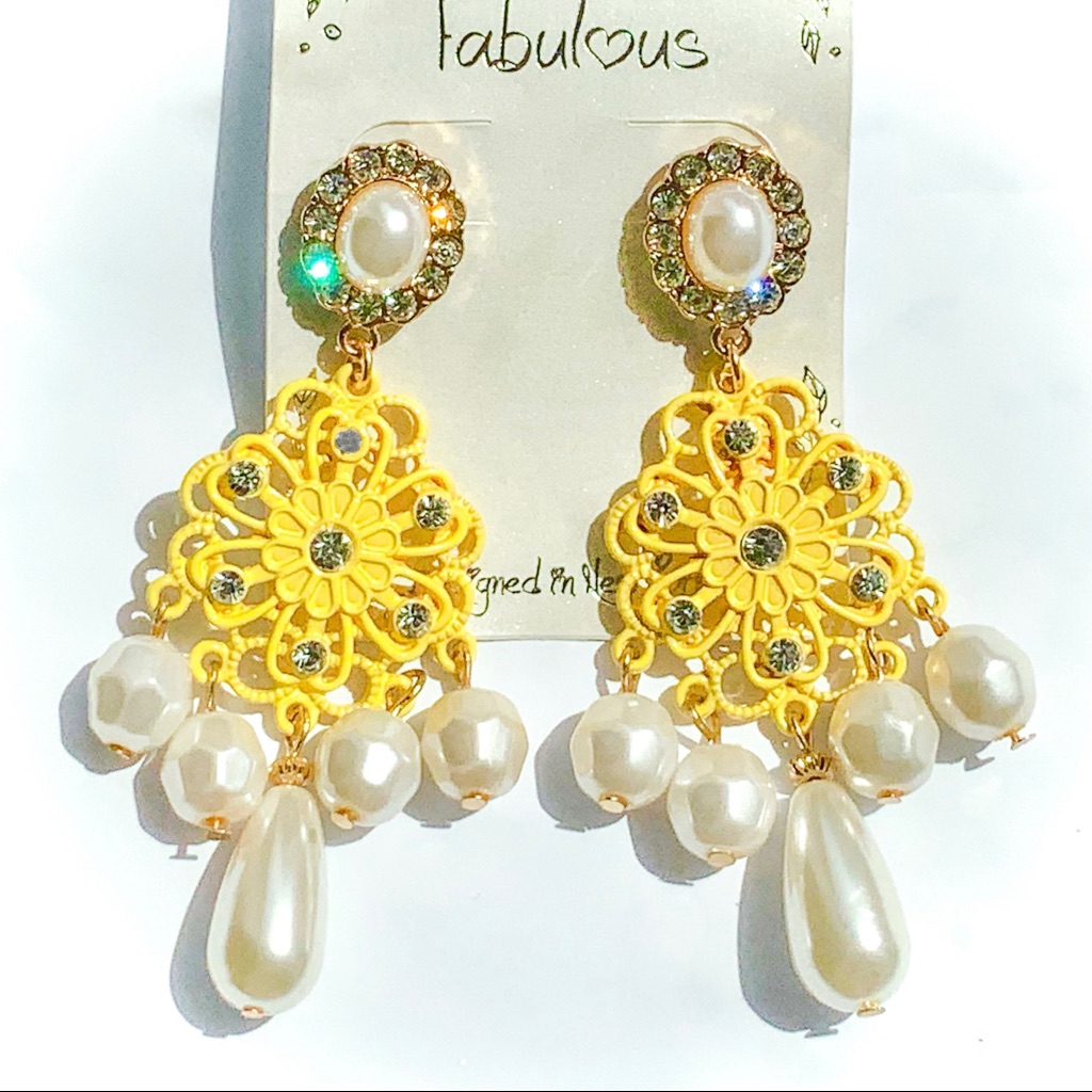 Fabulous Yellow Enamel Ornate Floral Rhinestone Pearl Drop Earrings Nwt
